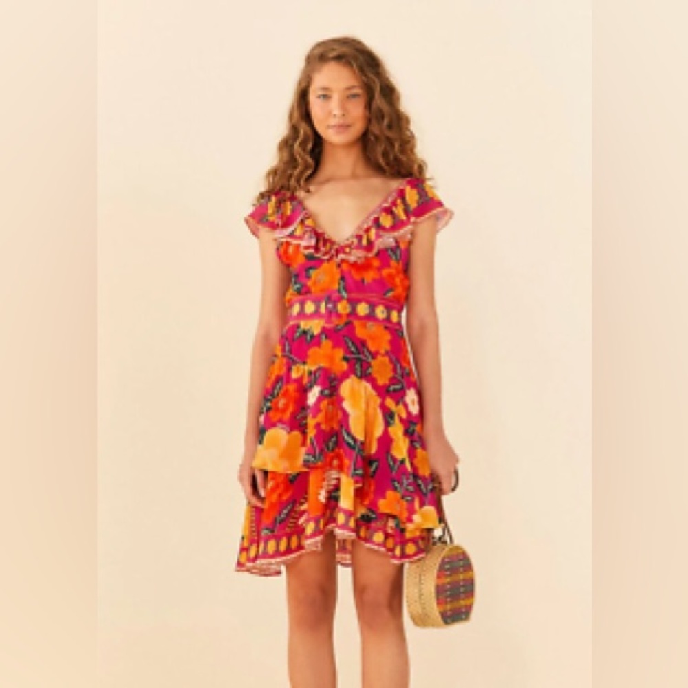 NWT FARM Rio Flowers Tapestry Pink Ruffle Belted Mini Dress, Size Small